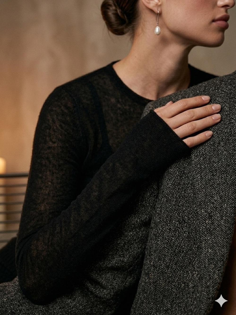 SKIMS Sheer Cashmere Long Sleeve Sweater Onyx Black M